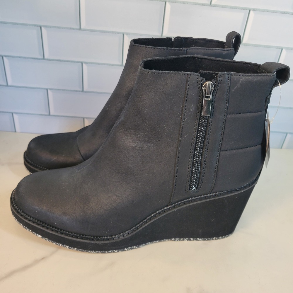 TOMS Black Wedge Booties Women 11 Side Zip Ankle Boots Raven Ortholite NEW